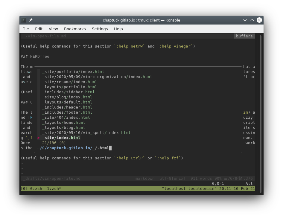 Screenshot of vim with fzf dialog open