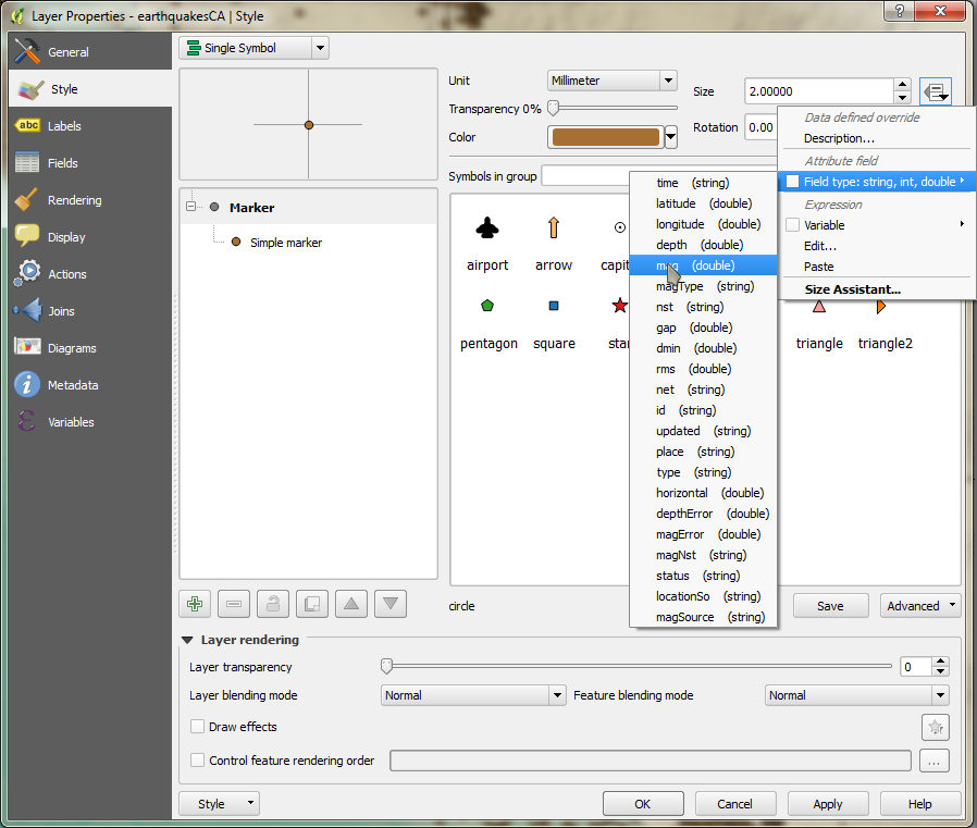 Dialog box for QGIS