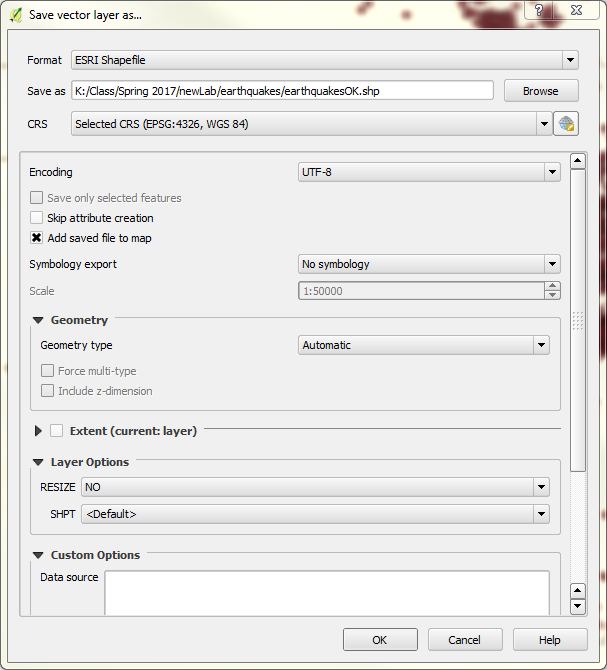 Dialog box for QGIS