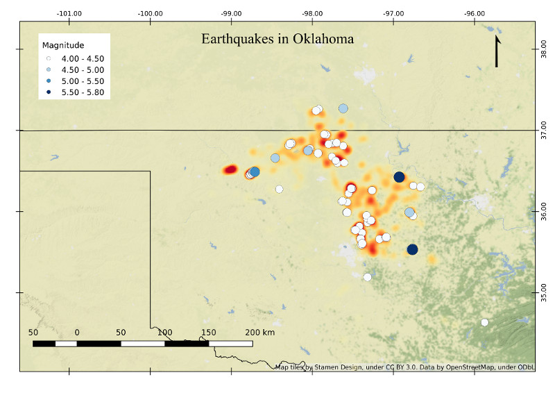 Map of Oklahoma with earthquakes shown as dots